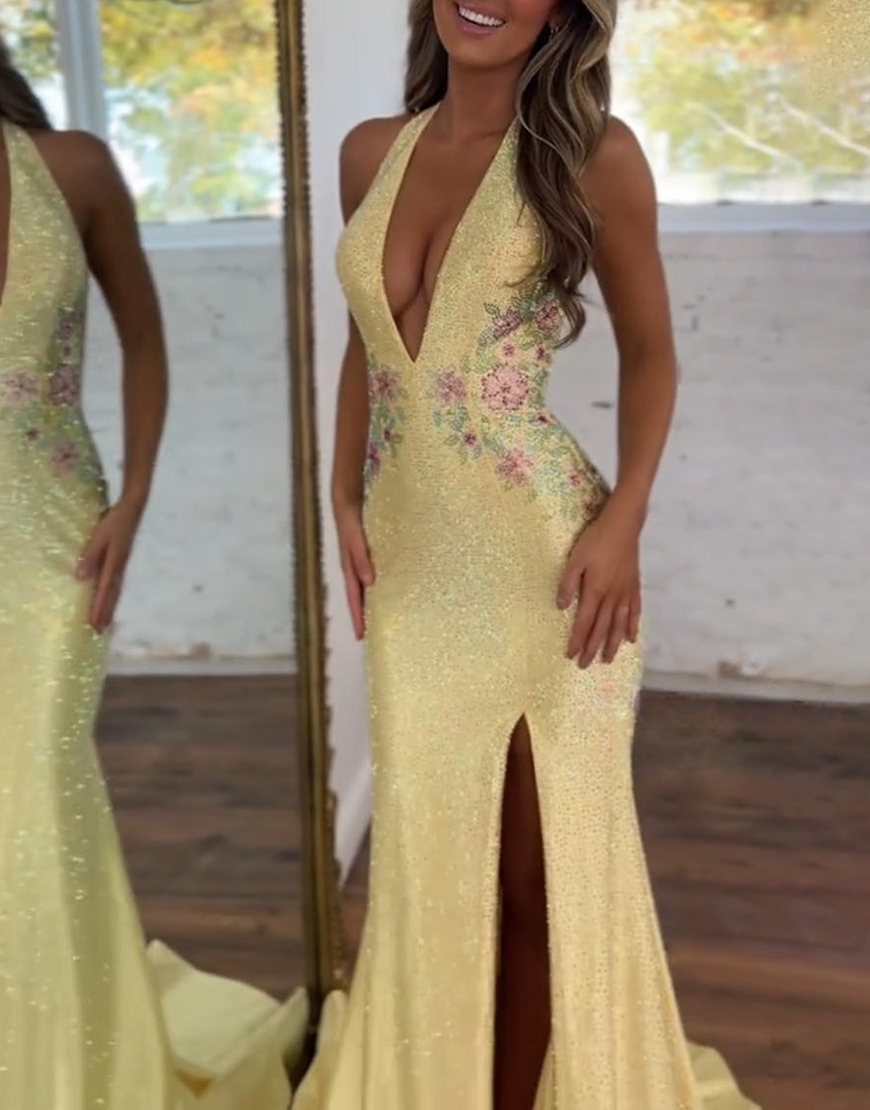 Sparkly Yellow Satin Halter Floral Mermaid Long Prom Dress with Beading