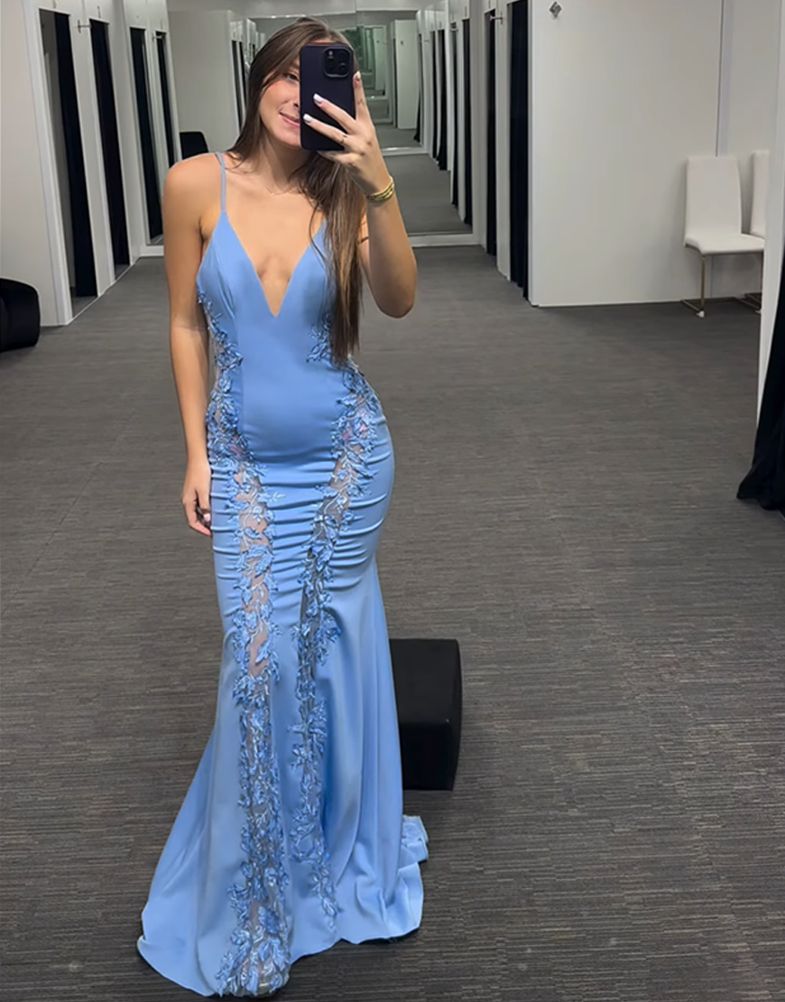 Blue Mermaid V-Neck Long Prom Dress with Appliques