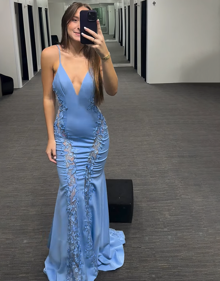 Blue Mermaid V-Neck Long Prom Dress with Appliques