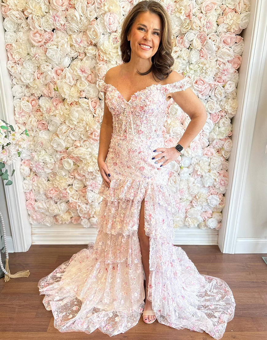 Berlinnova Women Sparkly Pink Flower Tiered Corset Long Prom Dress with Ruffles Lace Mermaid Off the Shoulder Sequins Pageant Dress with Slit