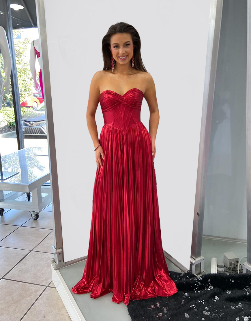 Red Corset Metallic Pleated Sweetheart Long Prom Dress