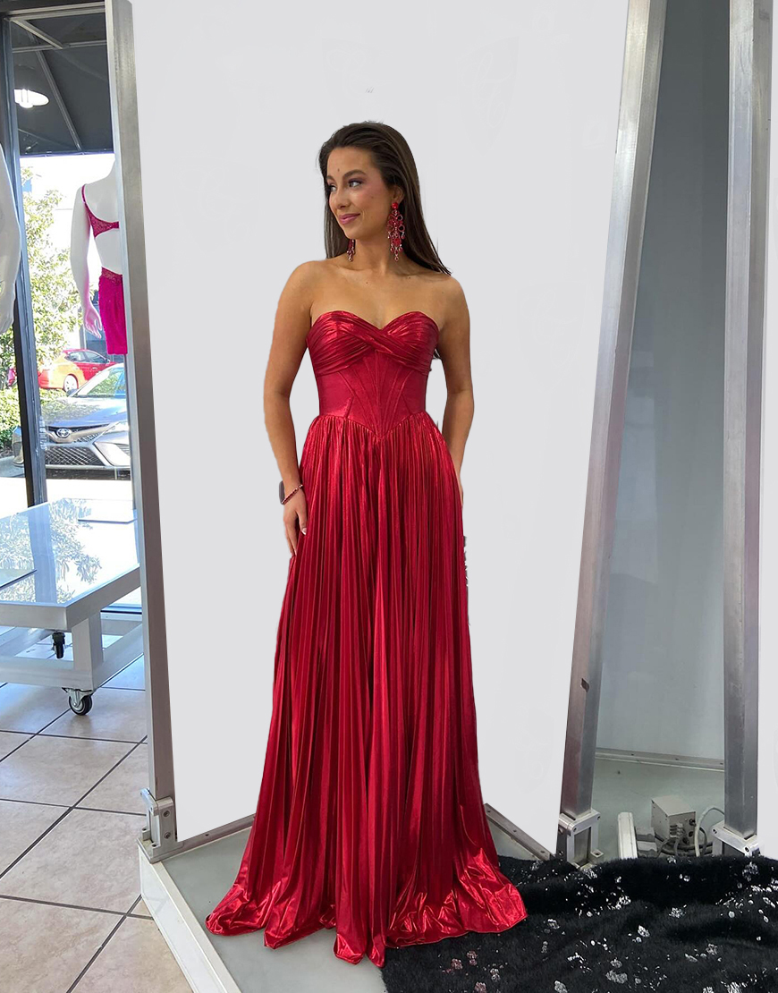 Red Corset Metallic Pleated Sweetheart Long Prom Dress
