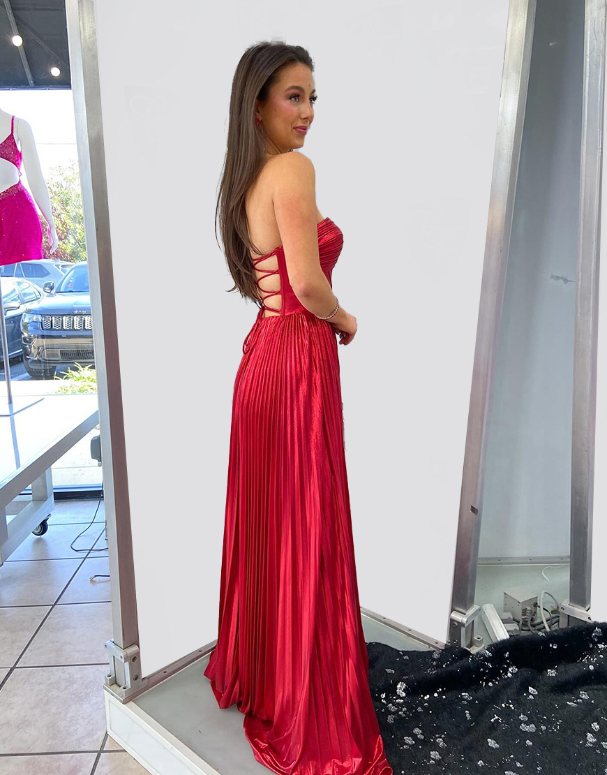 Red Corset Metallic Pleated Sweetheart Long Prom Dress