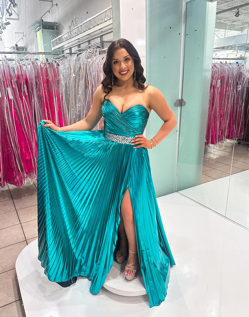 Sparkly Peacock Green Metallic Sweetheart Long Prom Dress with Slit