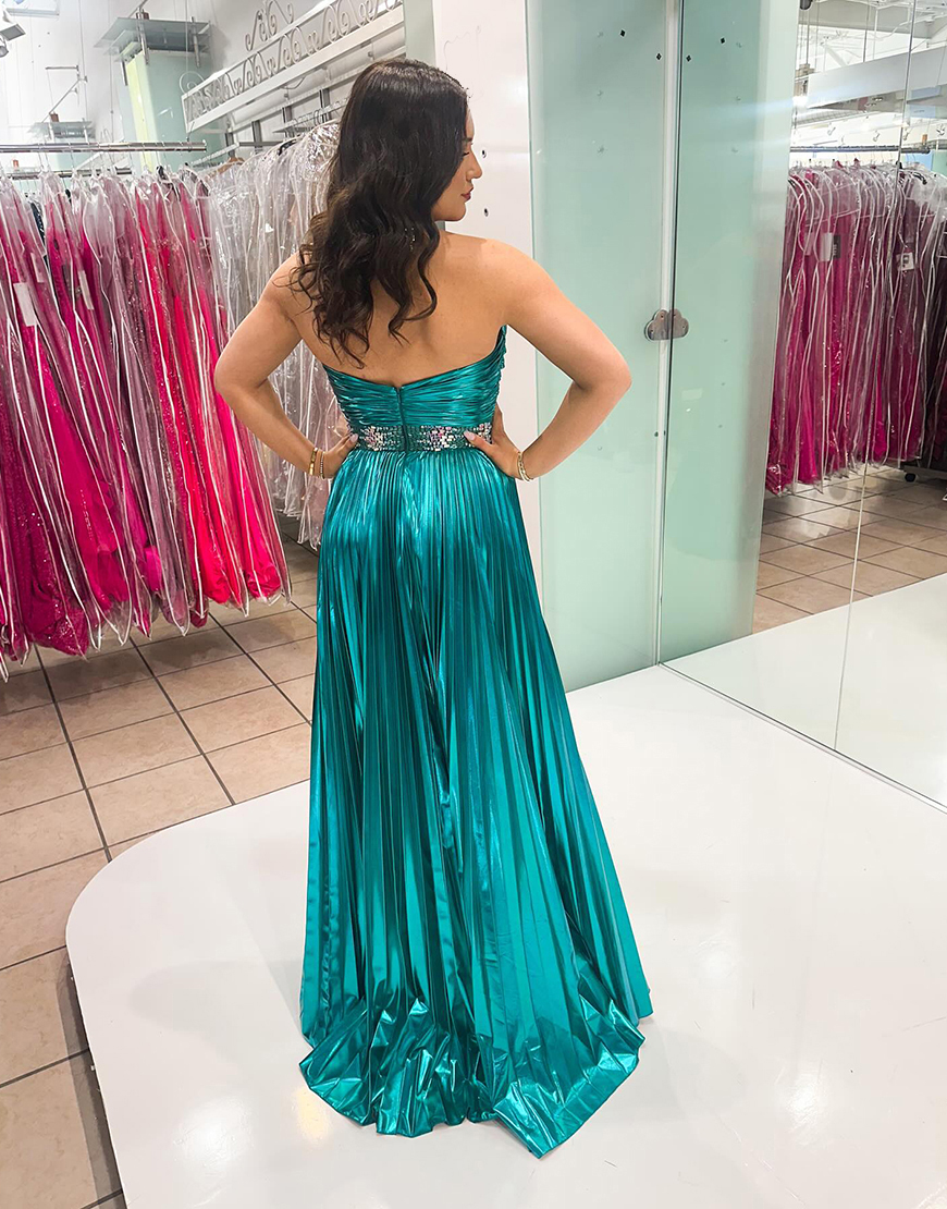 Sparkly Peacock Green Metallic Sweetheart Long Prom Dress with Slit