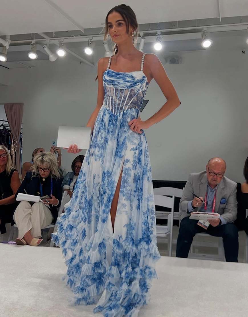 Blue Floral Corset Ruffled A Line Long Prom Dress with Slit