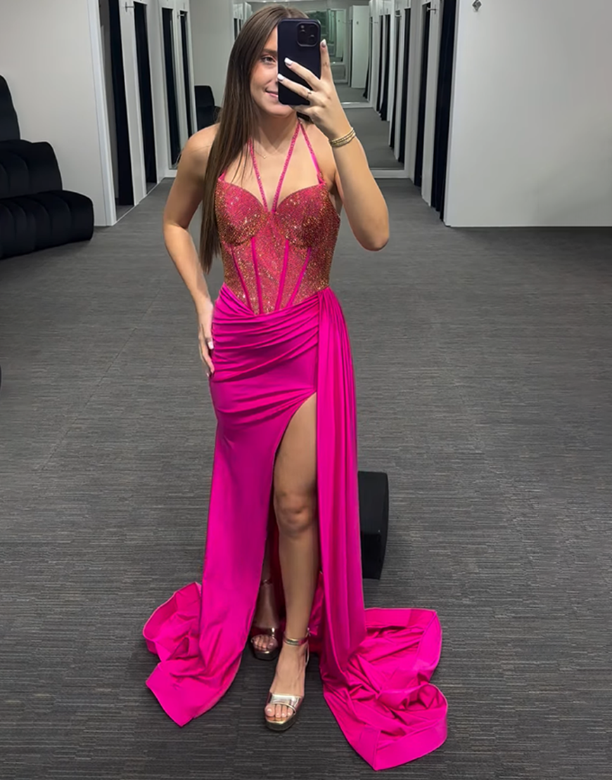 Sparkly Fuchsia Beaded Corset Mermaid Long Prom Dress with Side Cape