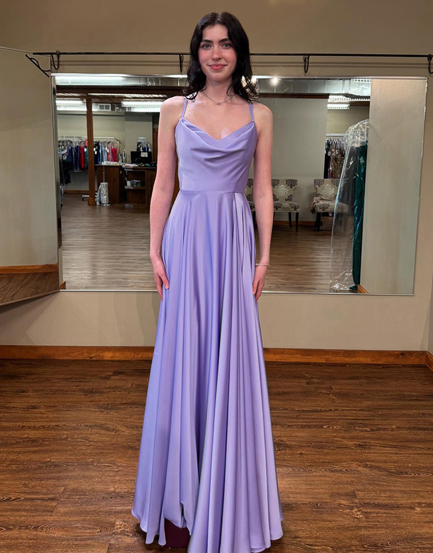 Lilac Simple Satin Cowl Neck A Line Long Prom Dress