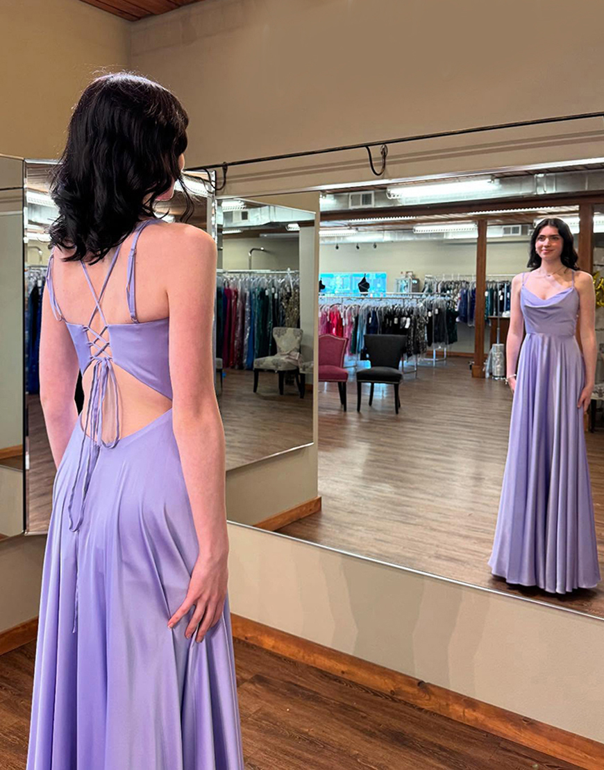 Lilac Simple Satin Cowl Neck A Line Long Prom Dress
