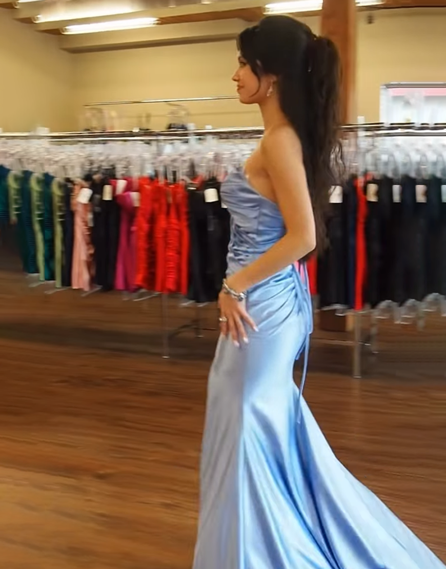 Light Blue Sweetheart Mermaid Satin Keyhole Long Prom Dress with Slit