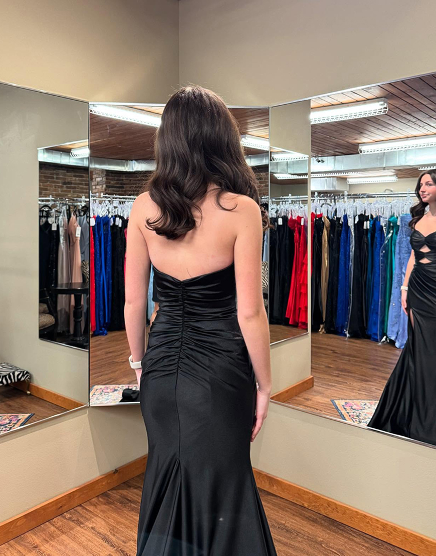 Black Mermaid Cut Out Sweetheart Satin Long Prom Dress with Slit