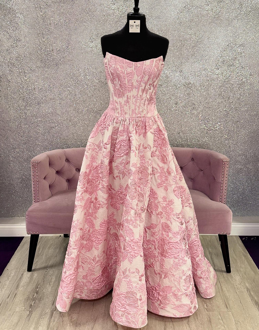 Pink Flower Corset A Line Strapless Jacquard Long Prom Dress
