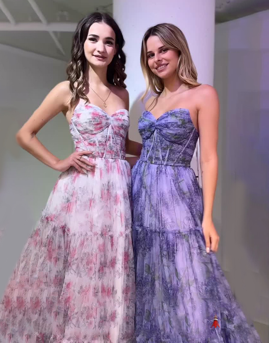 Pink Flower Glitter Corset A Line Sweetheart Long Prom Dress