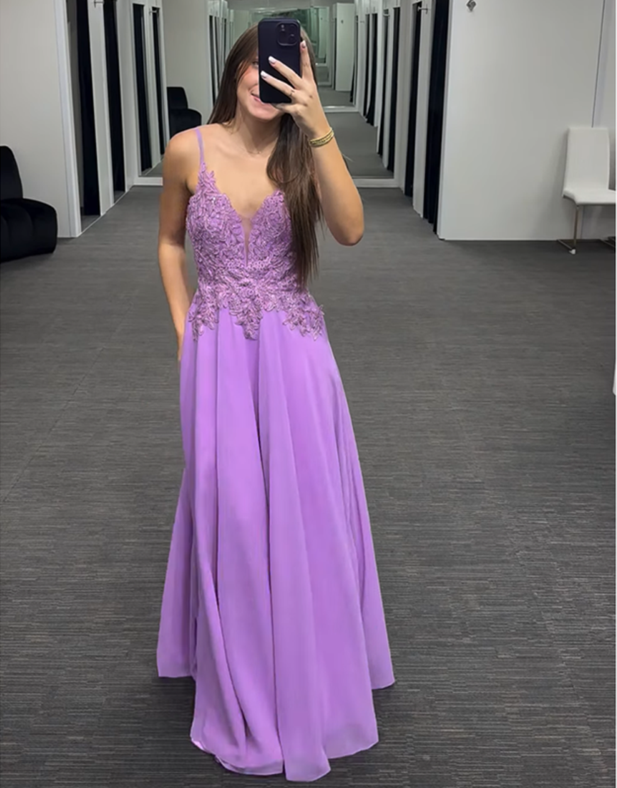 Sparkly Purple V-Neck Chiffon Long Prom Dress with Appliques