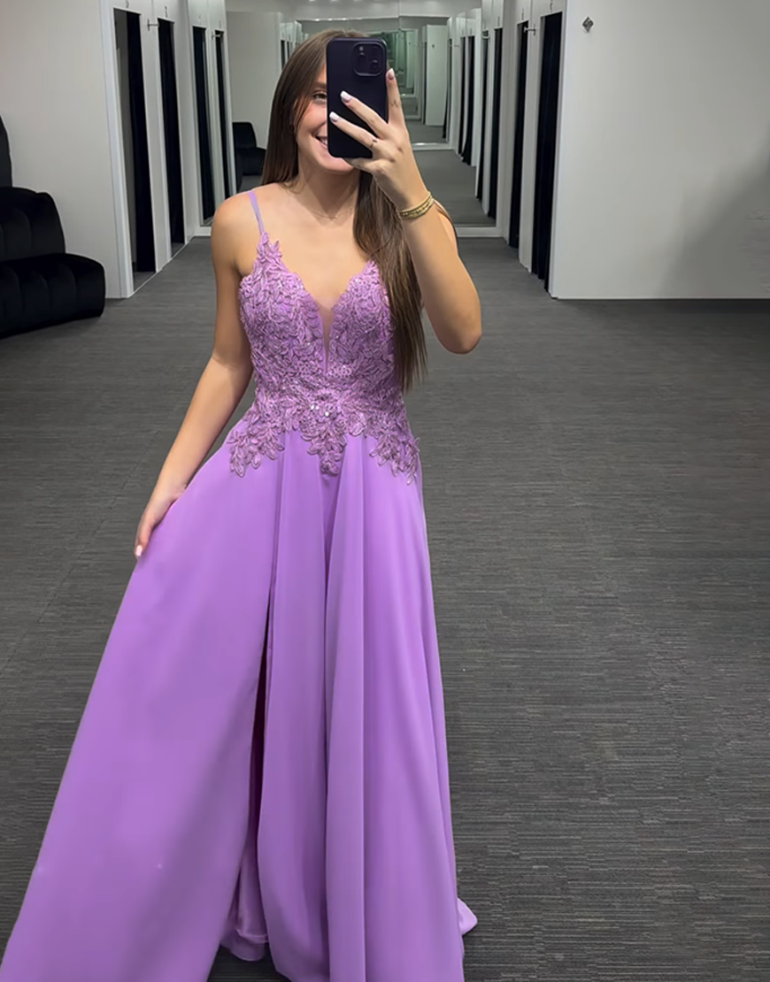 Sparkly Purple V-Neck Chiffon Long Prom Dress with Appliques