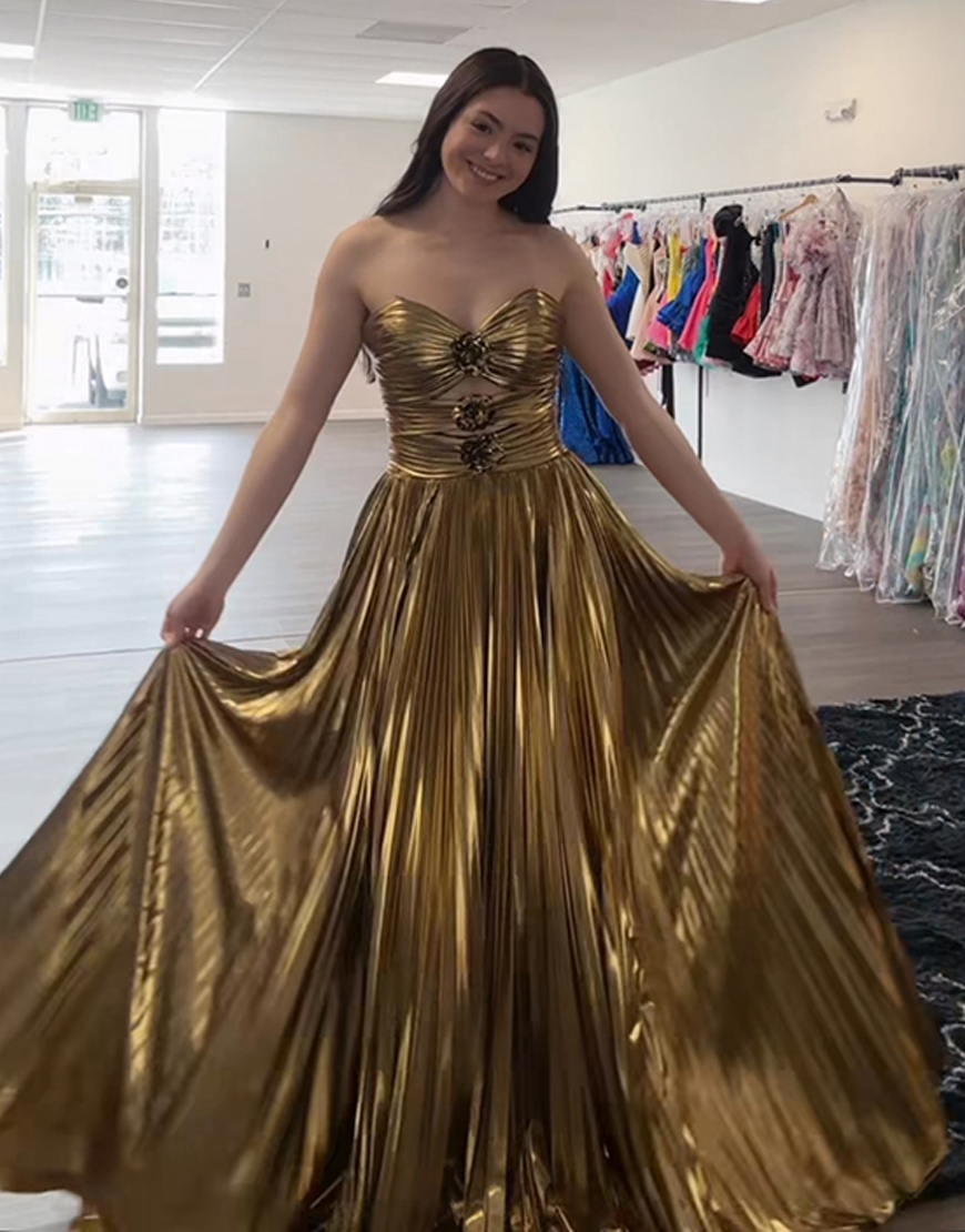 Gold A Line Sweetheart Metallic Pleated Cut Out Long Prom Dress