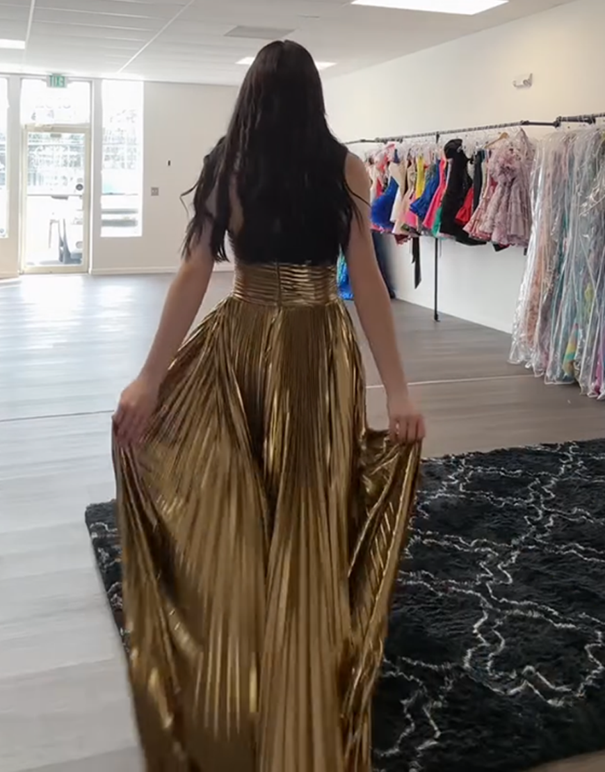 Gold A Line Sweetheart Metallic Pleated Cut Out Long Prom Dress