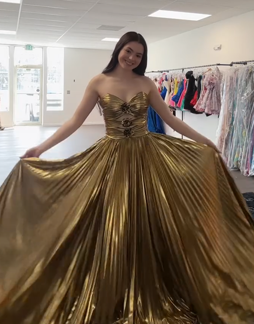 Gold A Line Sweetheart Metallic Pleated Cut Out Long Prom Dress