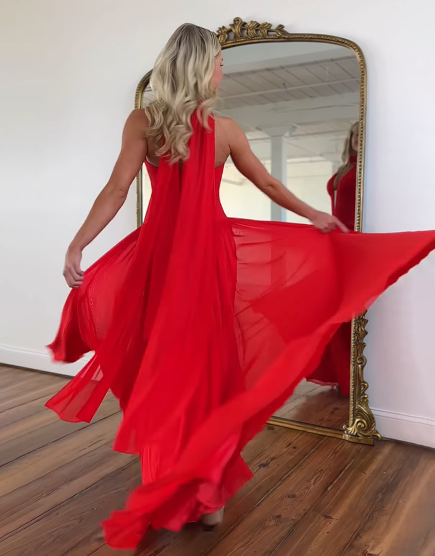 Red Chiffon Neck Scarf Halter A Line Pleated Long Prom Dress with Slit