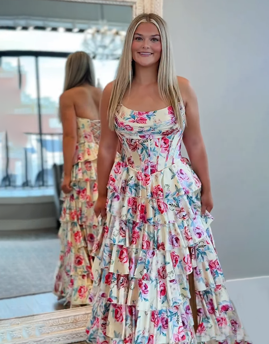 Yellow Printed Corset Flower Ball Gown Ruffled Long Prom Dress with Slit