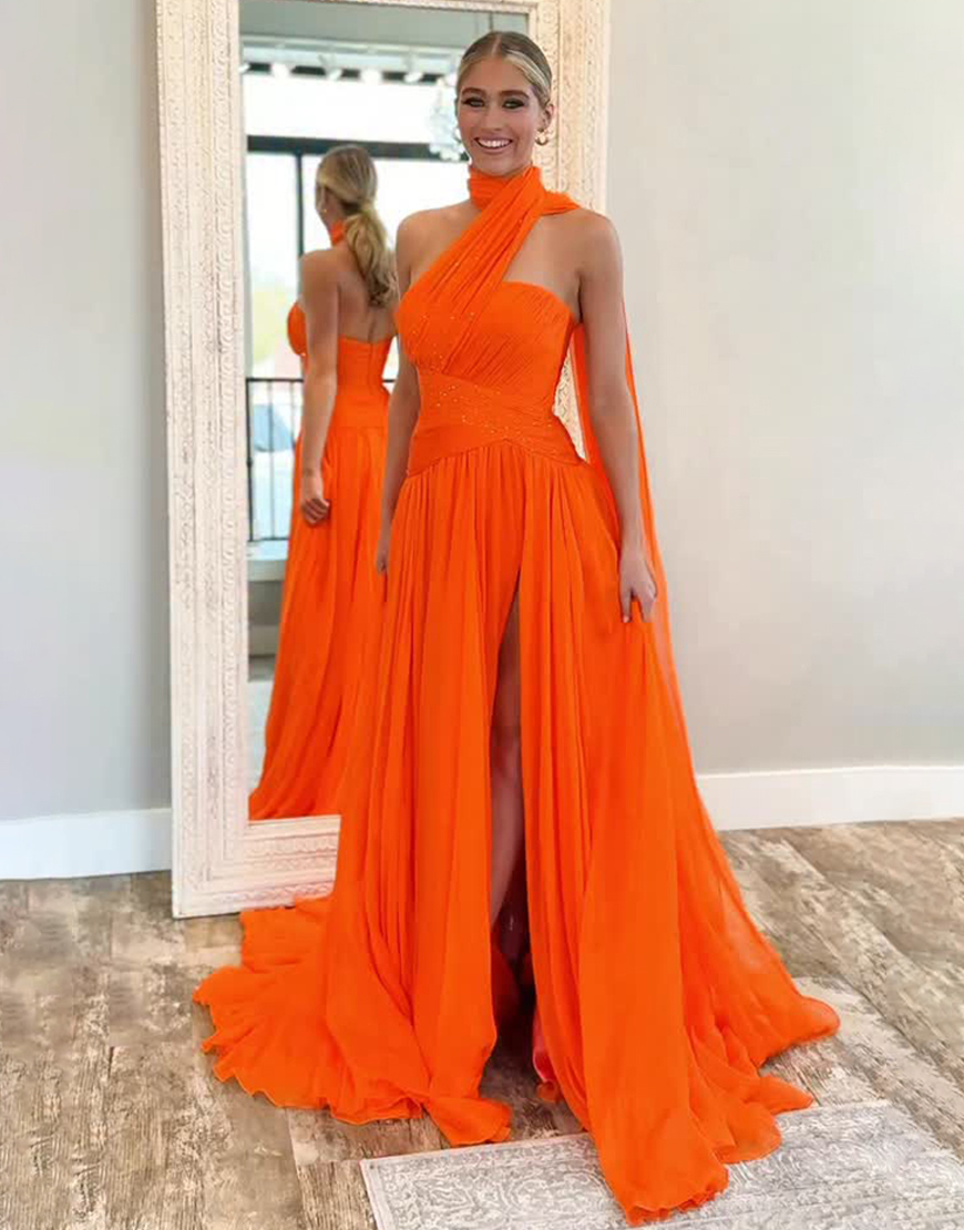 Sparkly Orange Beaded A Line Chiffon Long Prom Dress with Slit