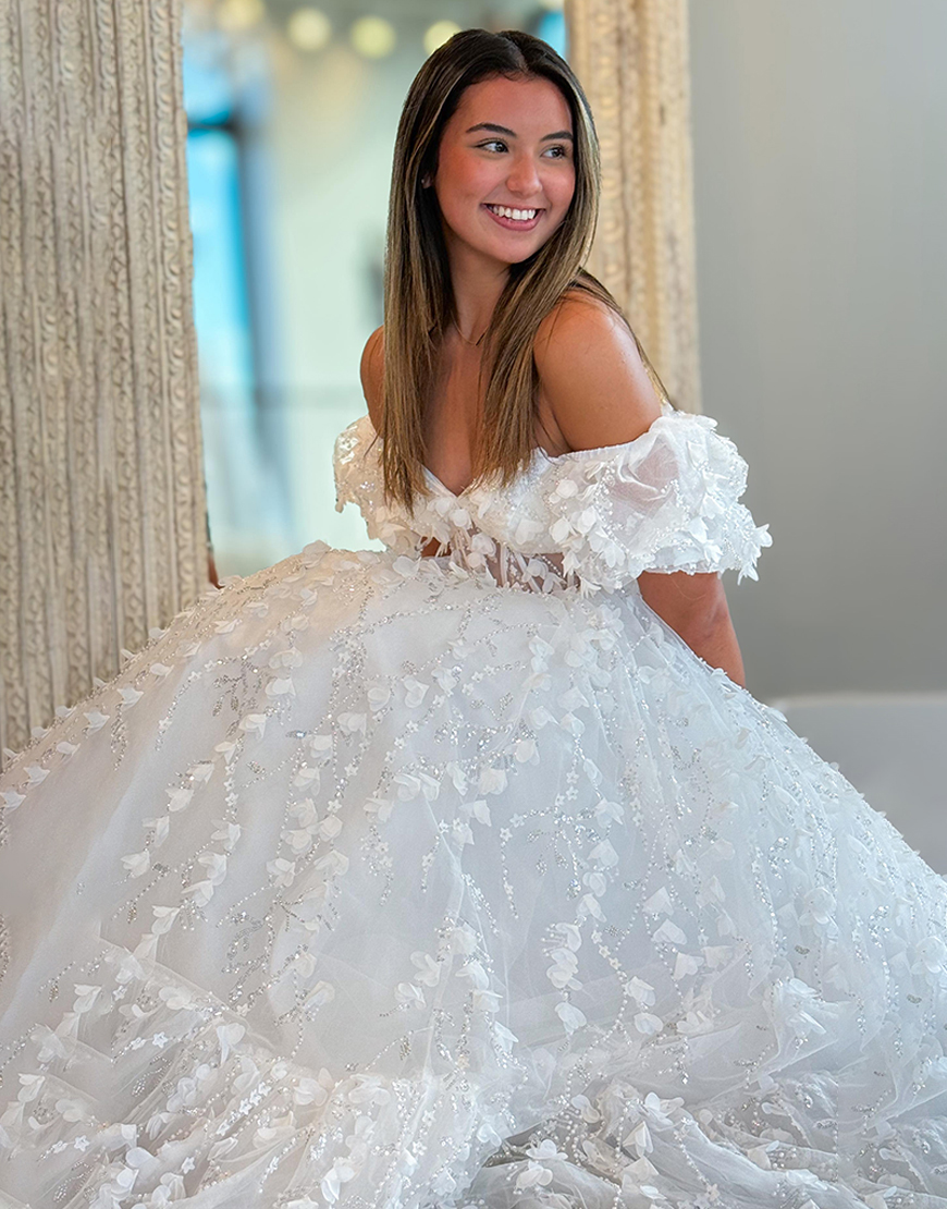 Sparkly White Corset Off the Shoulder Ball Gown Long Prom Dress with 3D Flowers