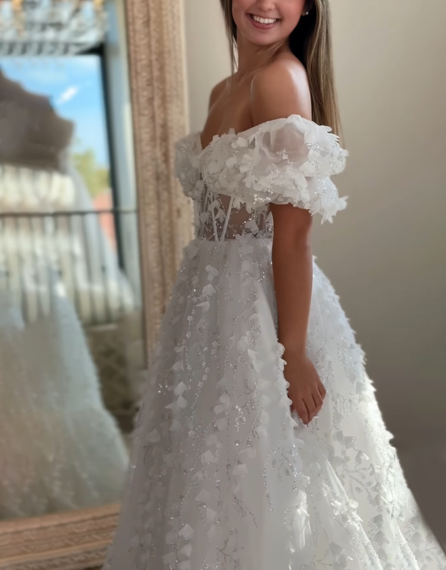 Sparkly White Corset Off the Shoulder Ball Gown Long Prom Dress with 3D Flowers