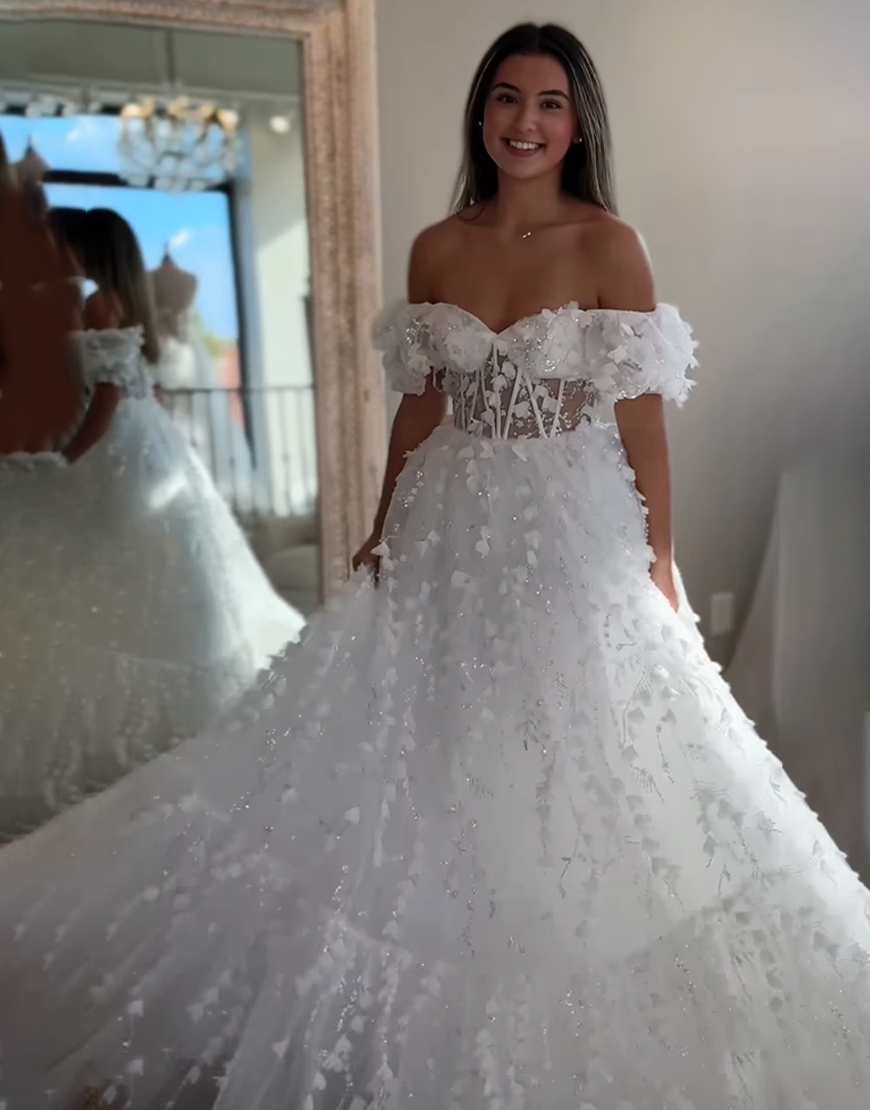 Sparkly White Corset Off the Shoulder Ball Gown Long Prom Dress with 3D Flowers