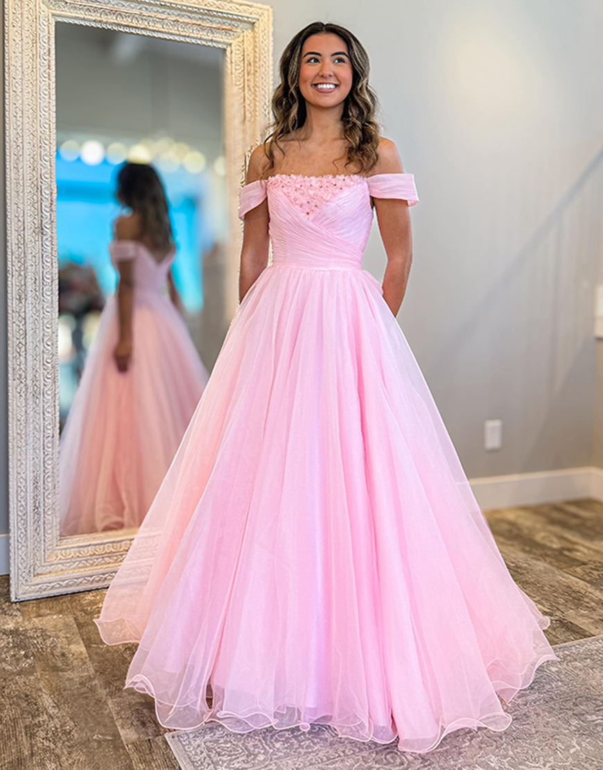 Pink Organza Ball Gown Off the Shoulder Long Prom Dress