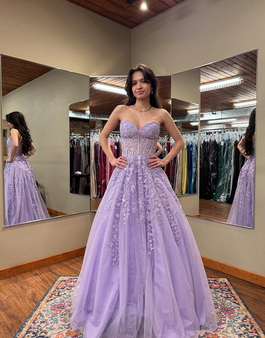 Sparkly Purple Lace Corset Floral Sweetheart Ball Gown Long Prom Dress