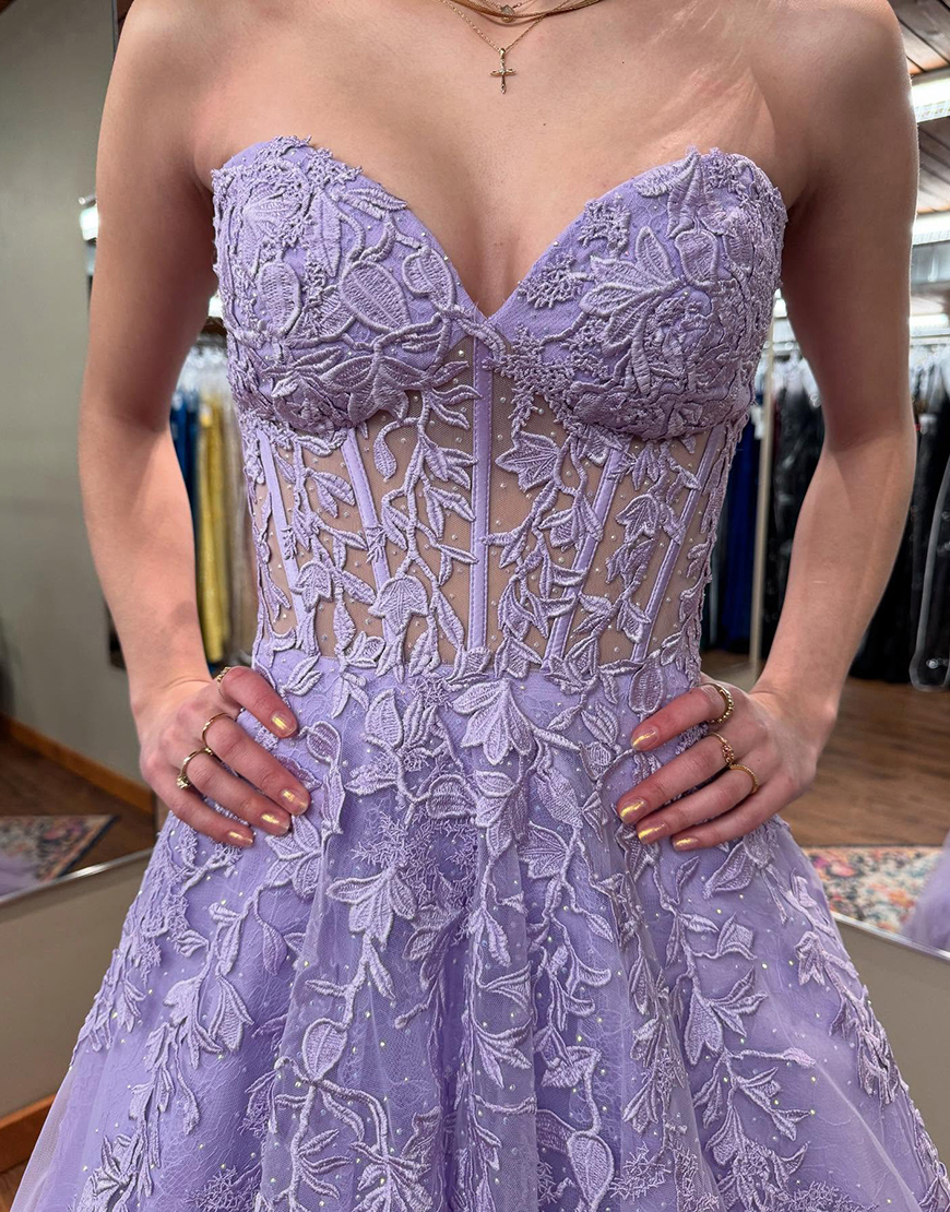 Sparkly Purple Lace Corset Floral Sweetheart Ball Gown Long Prom Dress