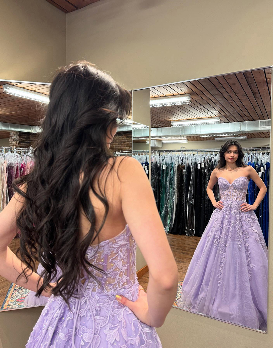 Sparkly Purple Lace Corset Floral Sweetheart Ball Gown Long Prom Dress