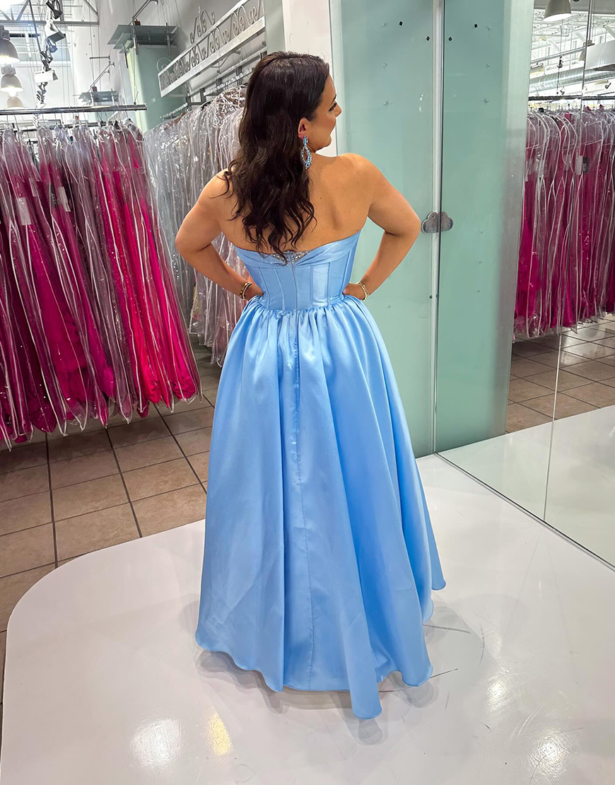 Sparkly Light Blue Corset Sweetheart Satin Long Prom Dress with Slit
