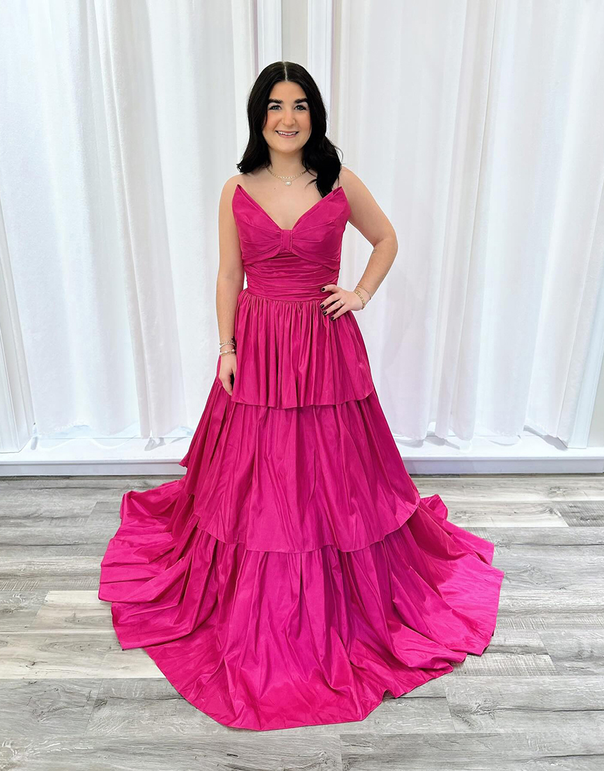 Fuchsia Tiered Strapless A Line Long Prom Dress with Bow