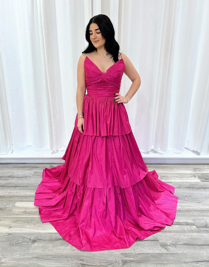 Fuchsia Tiered Strapless A Line Long Prom Dress with Bow