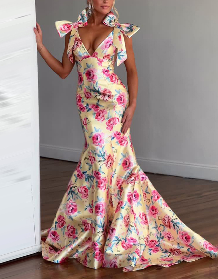 Yellow Fuchsia Flower Mermaid V-Neck Long Prom Dress with Bows