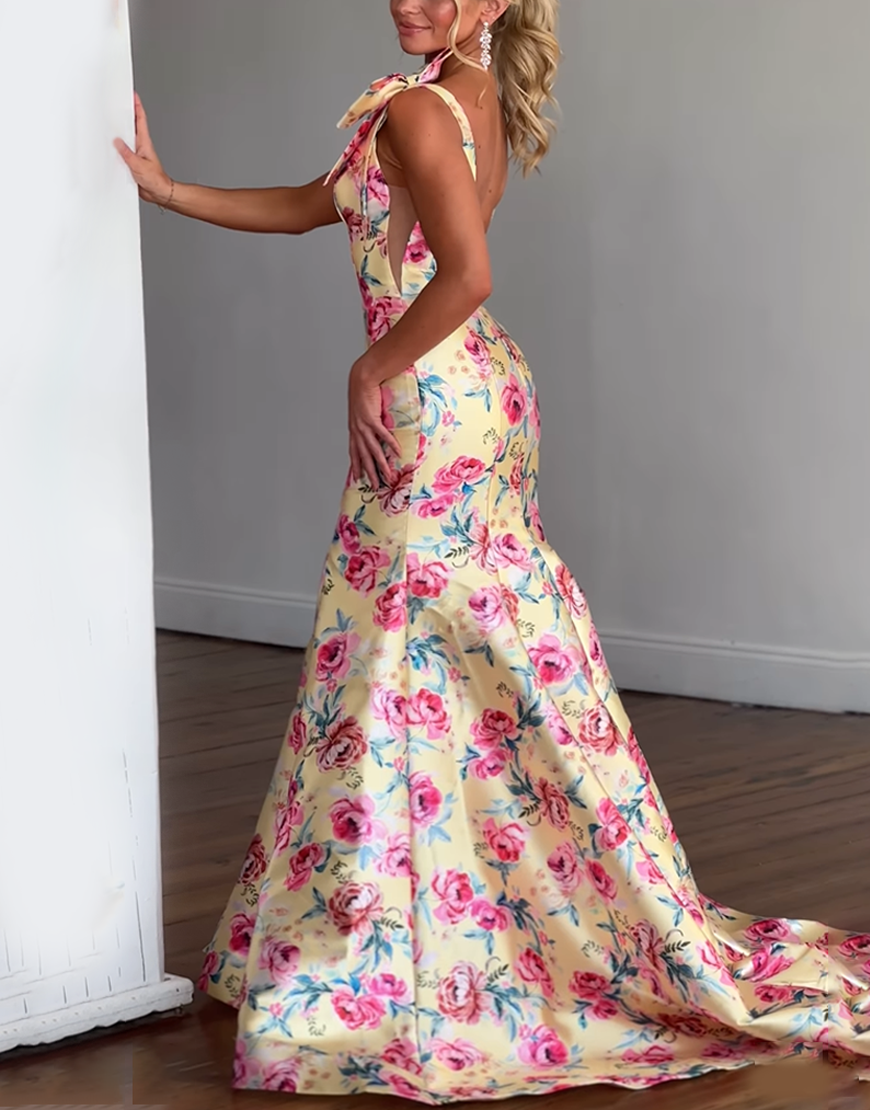 Yellow Fuchsia Flower Mermaid V-Neck Long Prom Dress with Bows