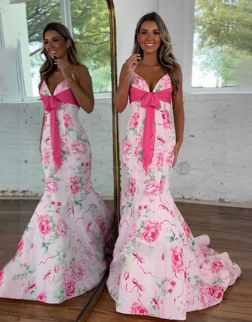 White Red Flower Spaghetti Straps Long Mermaid Prom Dress with Bow
