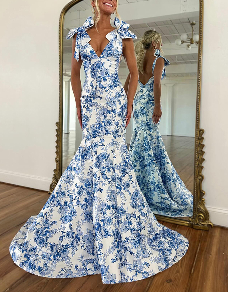 White Blue Flower Mermaid V-Neck Long Prom Dress with Bows