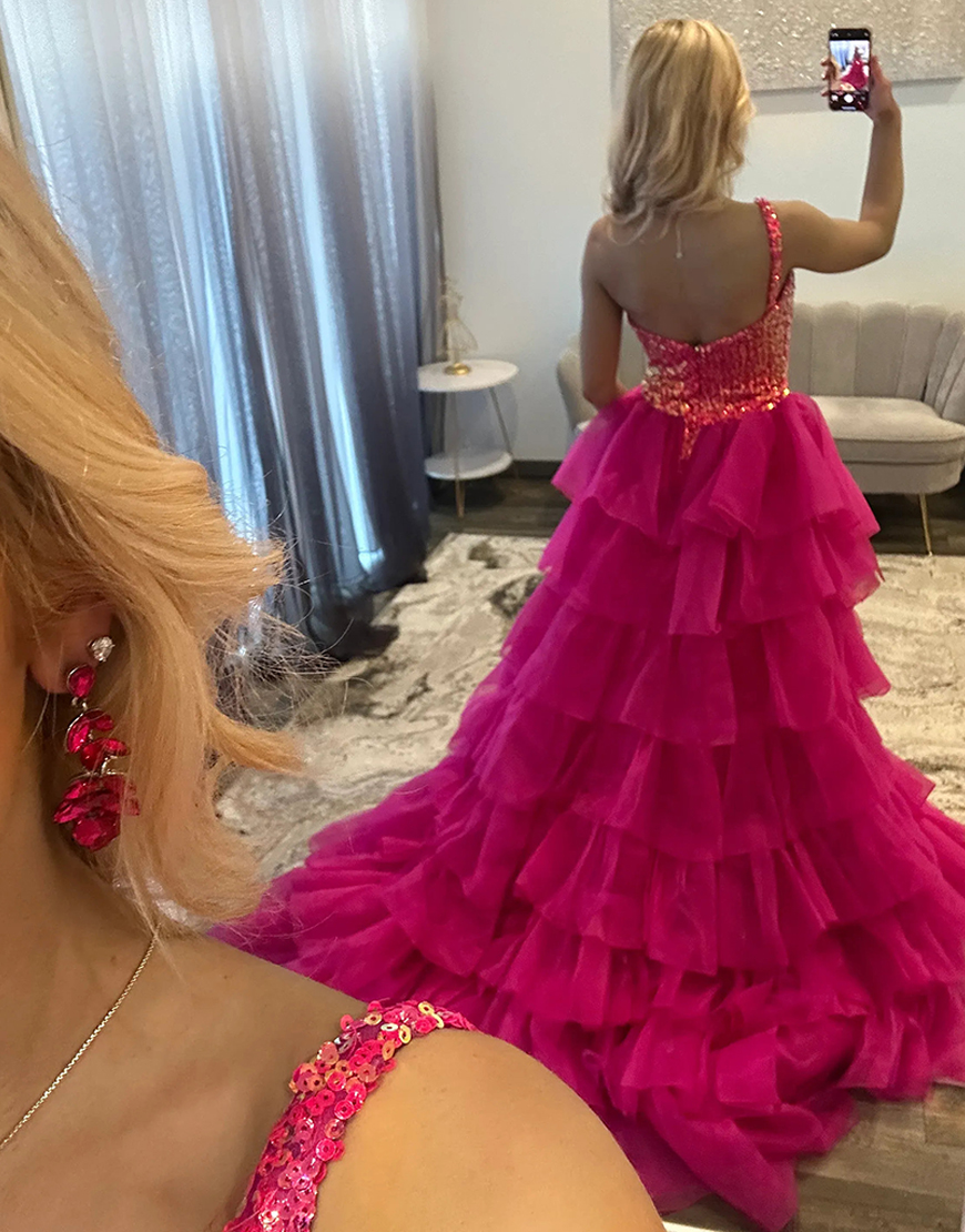 Sparkly Peacock Blue One Shoulder Sequined Long Prom Dress with Cape