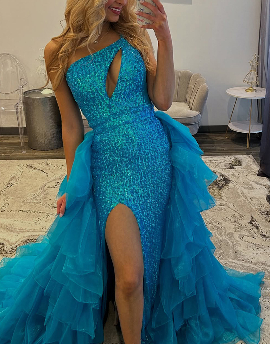 Sparkly Peacock Blue One Shoulder Sequined Long Prom Dress with Cape