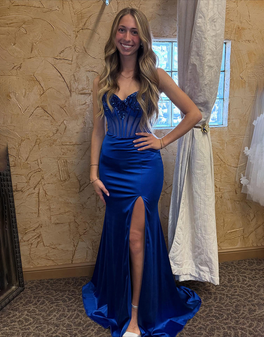Sparkly Royal Blue Corset Satin Mermaid Long Prom Dress with 3D Flowers