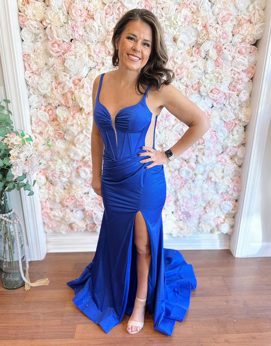 Royal Blue Glitter Corset Satin Mermaid Long Prom Dress with Slit
