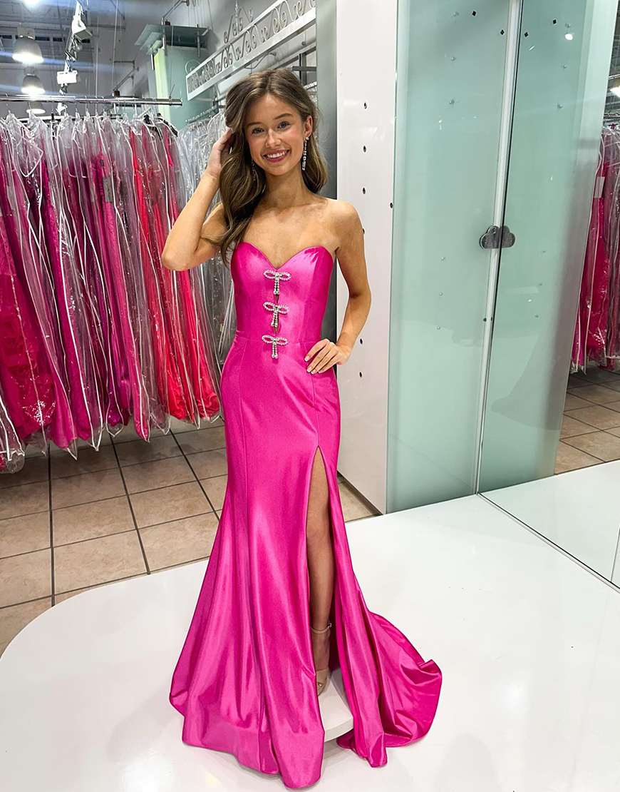 Sparkly Fuchsia Mermaid Sweetheart Satin Long Prom Dress with Bows