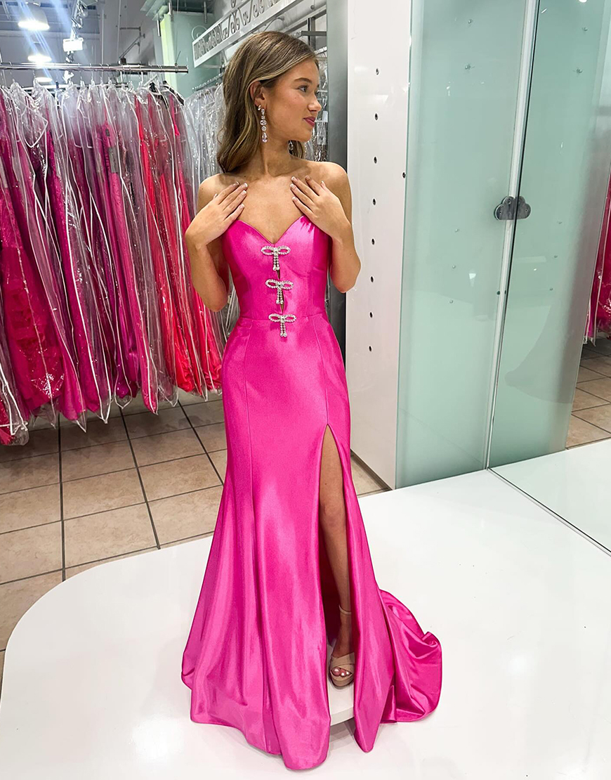 Sparkly Fuchsia Mermaid Sweetheart Satin Long Prom Dress with Bows