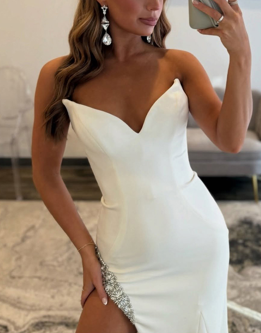 White Simple Mermaid Satin Strapless Long Prom Dress with Slit