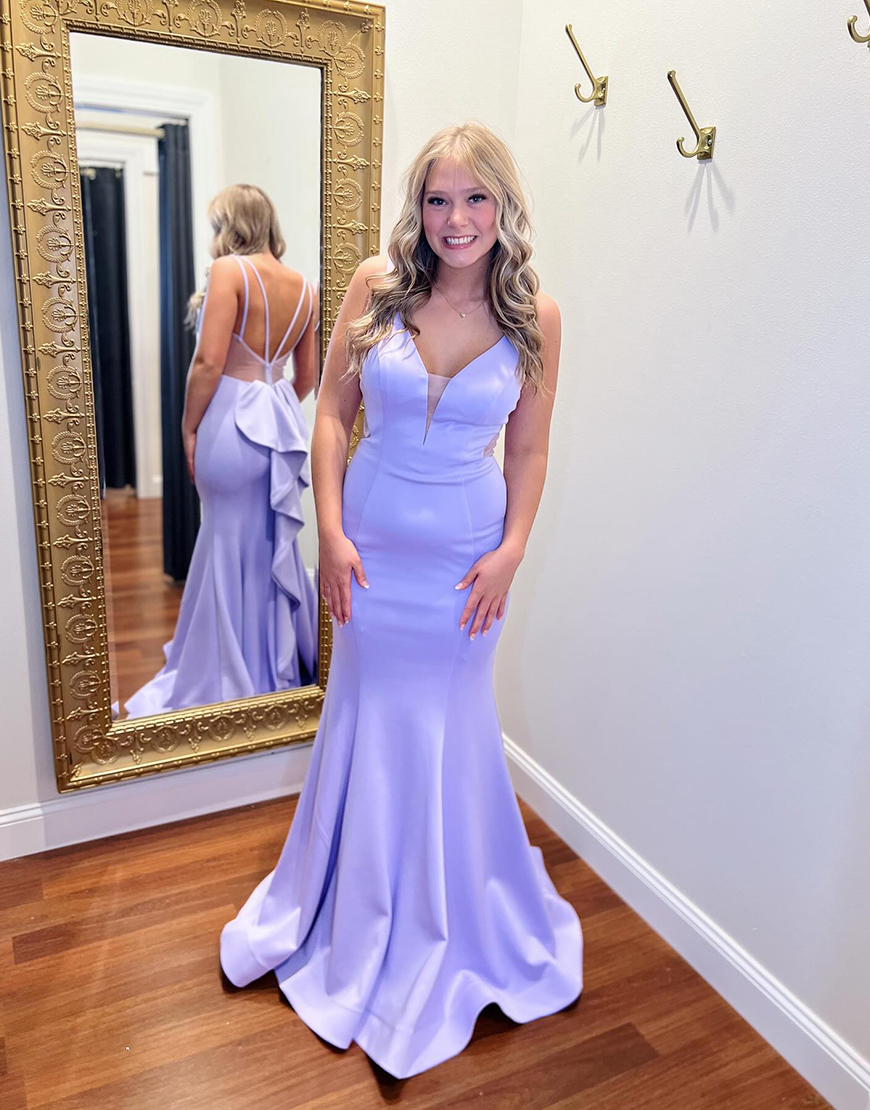 Lilac Mermaid Satin V-Neck Long Prom Dress with Back Ruffles