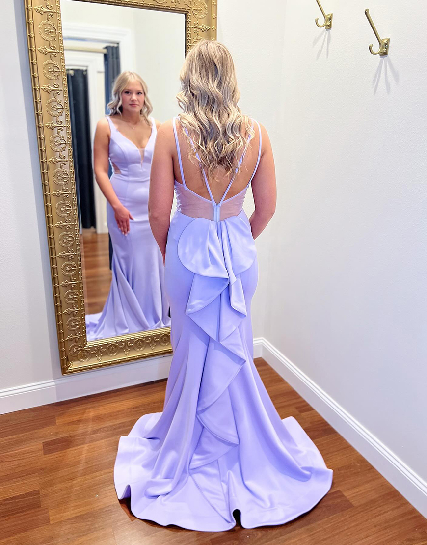 Lilac Mermaid Satin V-Neck Long Prom Dress with Back Ruffles