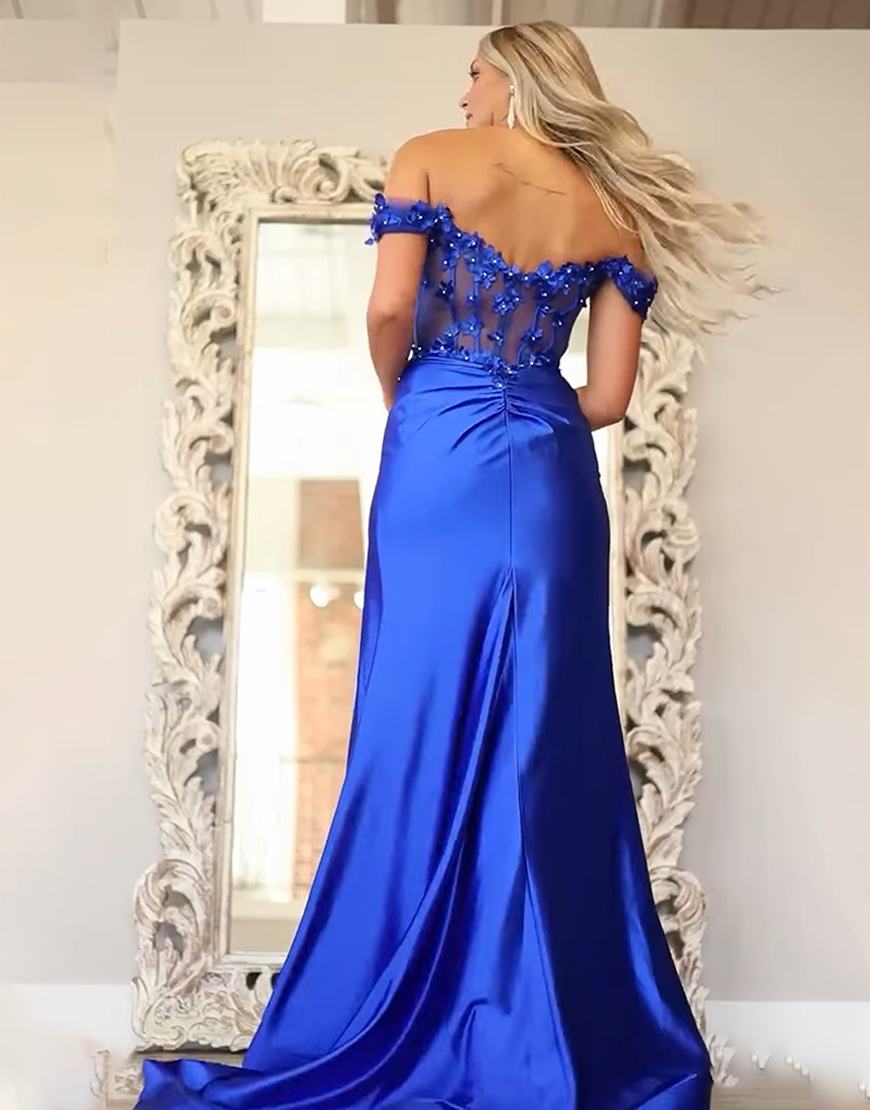 Sparkly Royal Blue Corset Satin Floral Mermaid Long Prom Dress with Slit