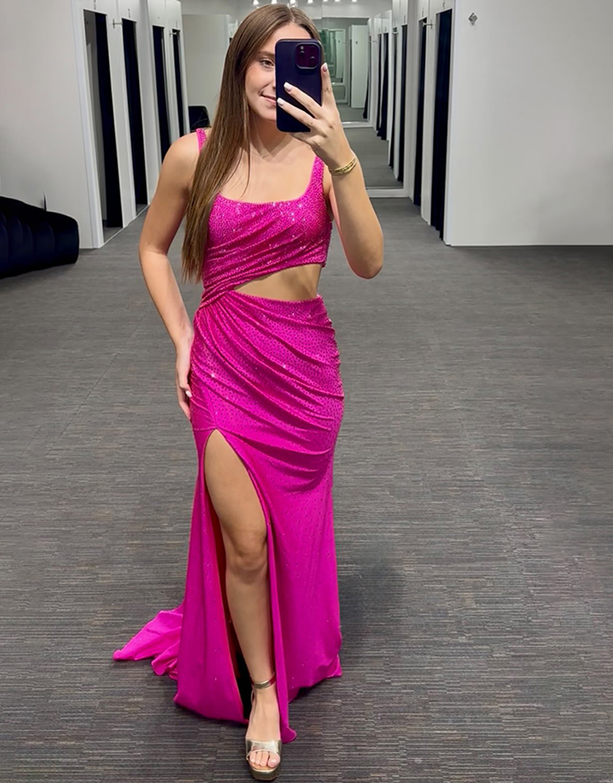 Sparkly Fuchsia Beaded Cut Out Mermaid Long Prom Dress with Slit